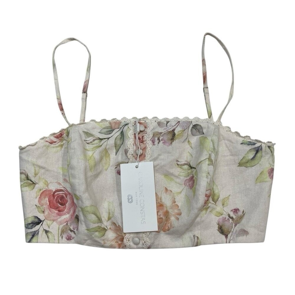 Caroline Constas Top Floral Linen Blend Cropped Smocked Size S Resort Vacation